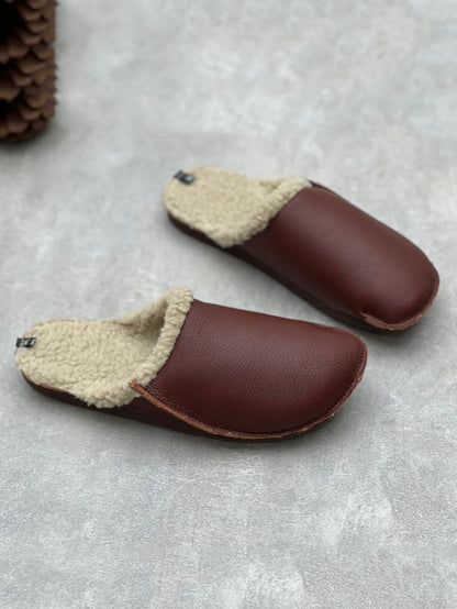 Women Vintage Winter Leather Fleece-lined Flat Slippers AV1041