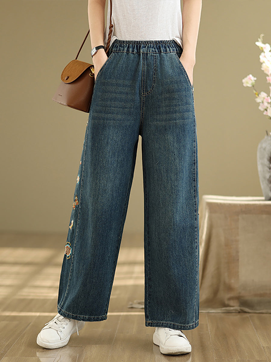 Hosen Stickerei Damen Weites Bein Retro Denim 