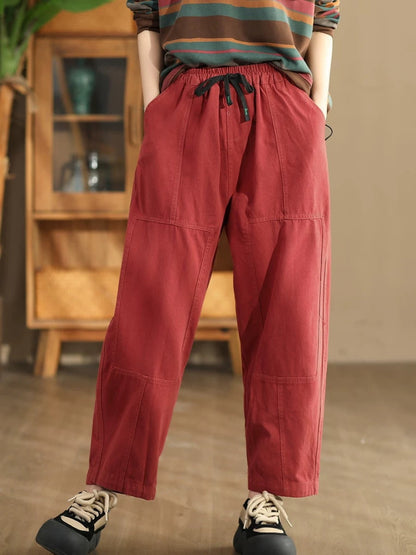 Women Autumn Vintage Solid Spliced Pocket Harem Pants AI1030