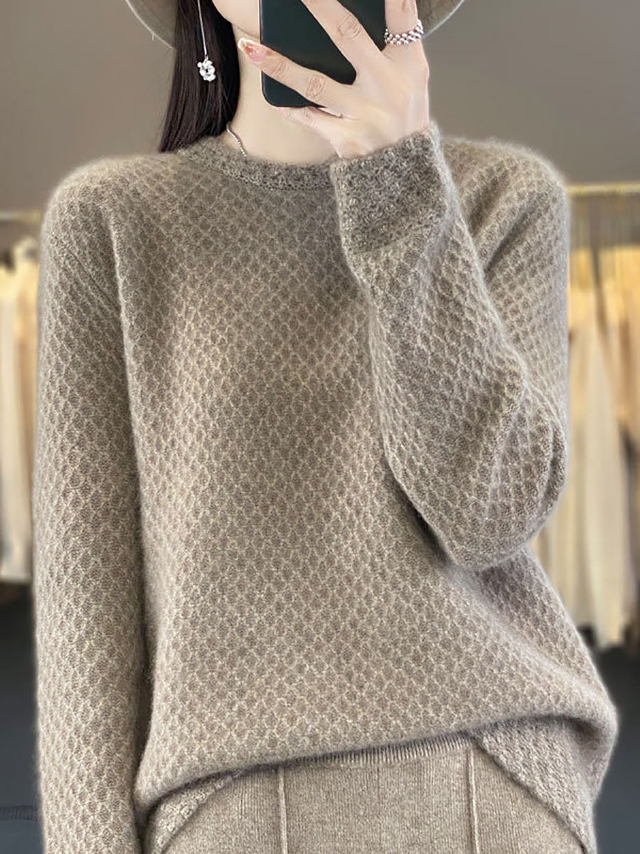 Women Autumn Solid Knit 100%Wool O-Neck Sweater QM005