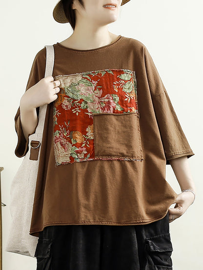 Women Summer Vintage Floral Spliced Cotton Shirt TY1042