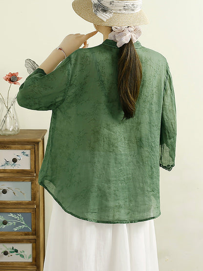 Women Summer Ethnic Floral Embroidery Thin Ramie Shirt HH041