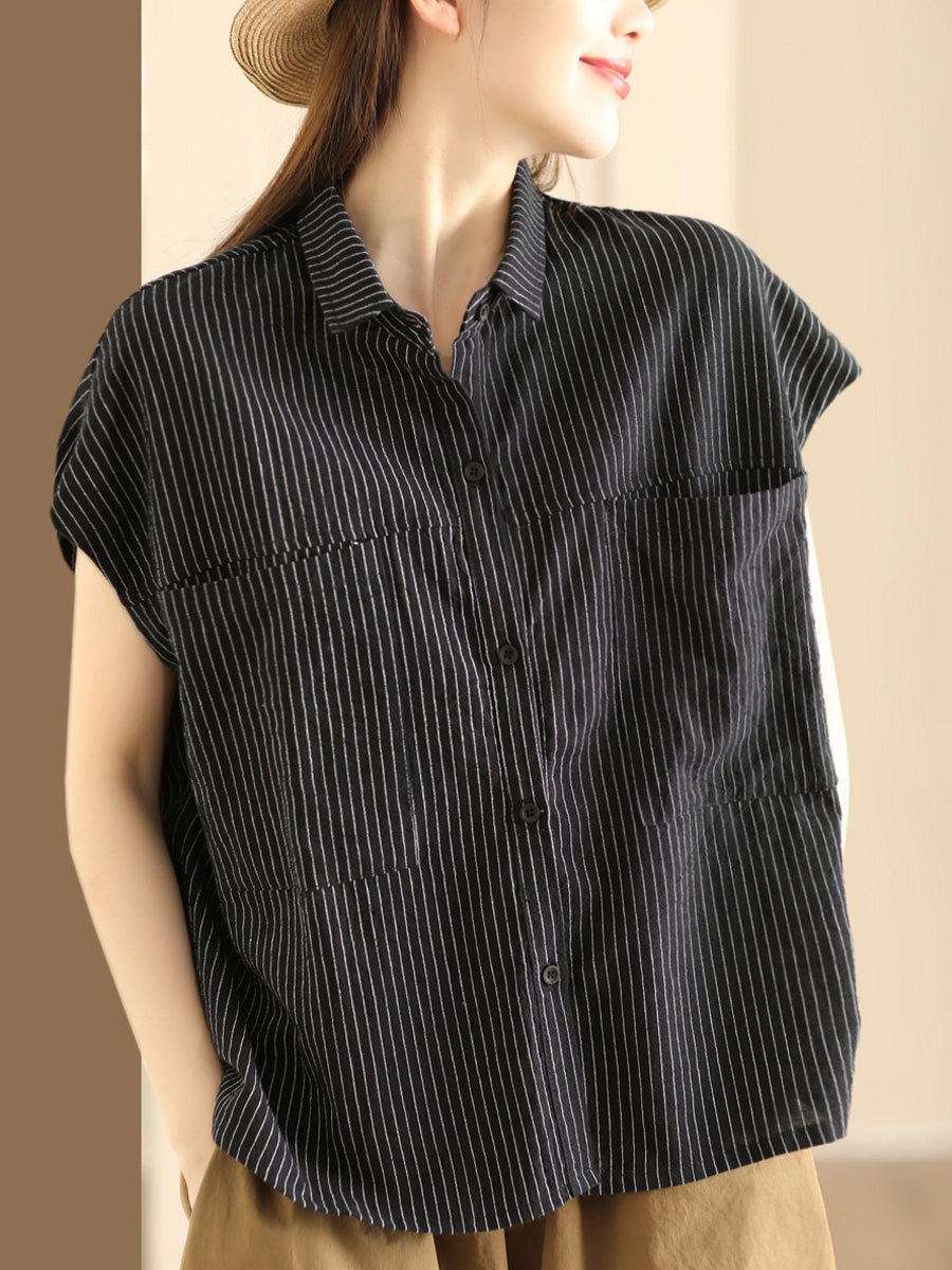 Women Artsy Summer Stripe Linen Button-up Shirt SC1046