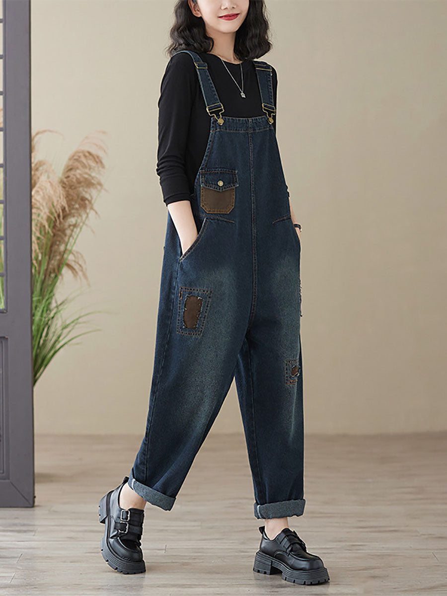 Women Autumn Retro Patchwork Denim Pocket Jumpsuits AI1048