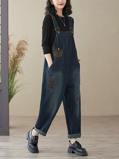 Women Autumn Retro Patchwork Denim Pocket Jumpsuits AI1048