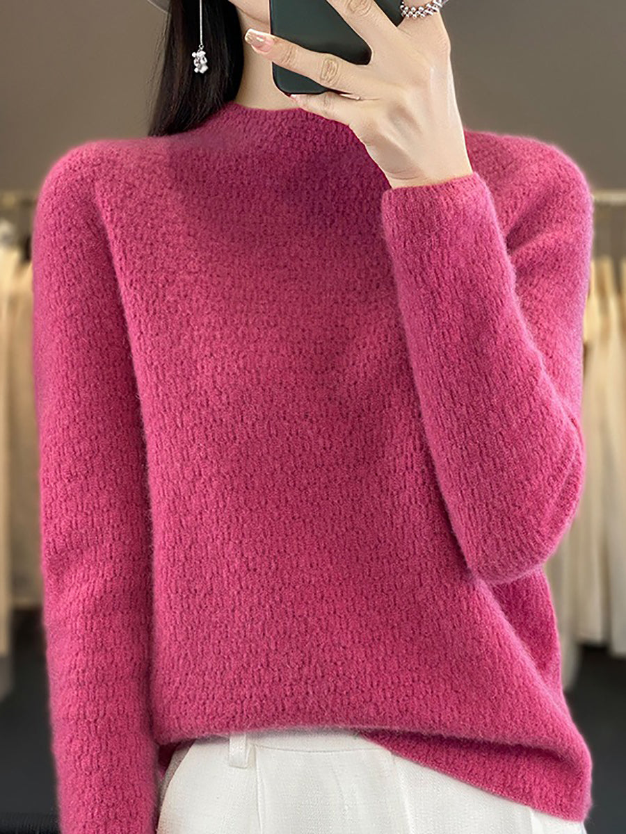 Women Autumn Casual Solid Knit 100%Wool O-Neck Sweater WU010