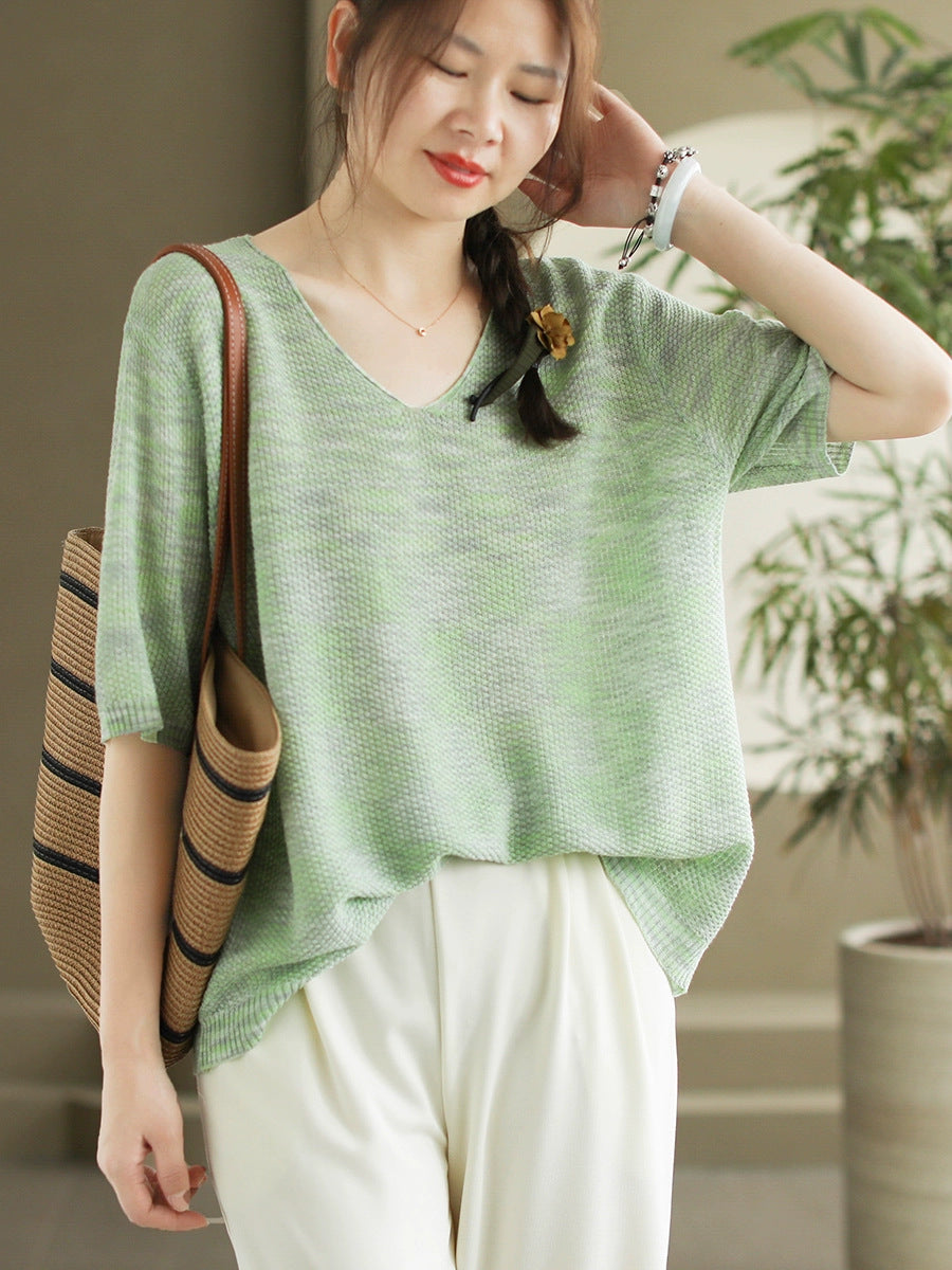 Women Summer Casual Knitted Linen V-Neck Shirt WE1029