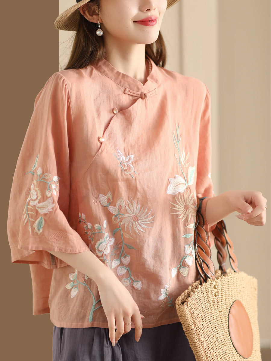 Women Vintage Floral Embroidery Ramie Stand Collar Shirt WE1038