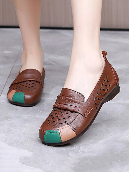 Women Summer Leather Colorblock Cutout Flat Shoes UI1030