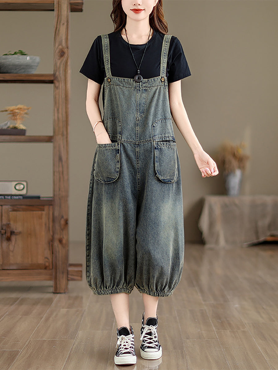 Women Retro Summer Solid Pocket Denim Jumpsuits FG1035