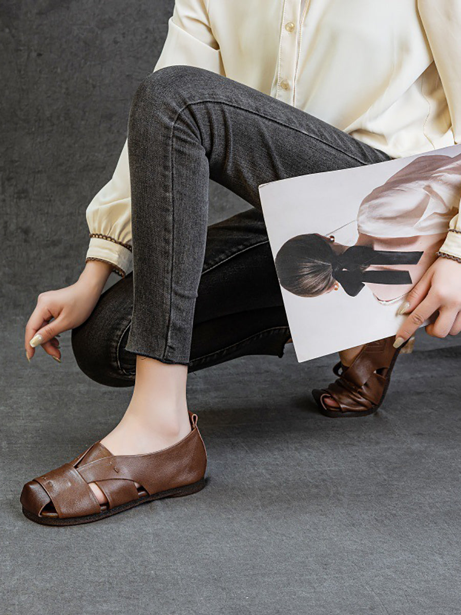 Sandales plates vintage en cuir véritable pour femmes