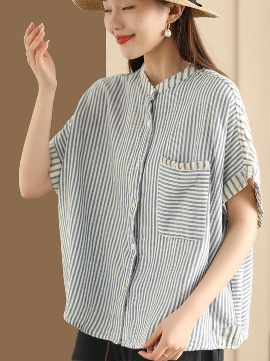 Women Summer Artsy Stripe Spliced Linen Shirt WE1039