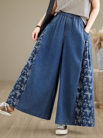 Women Vintage Summer Butterfly Spliced Wide-leg Denim Pants KL1037