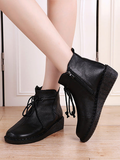 Women Vintage Genuine Leather Strap Zipper Low Heel Boots AX1016