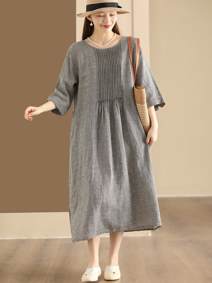 Women Summer Vintage Lattice Shirred O-Neck Ramie Dress OP1051