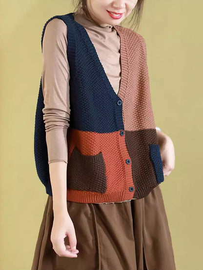 Women Autumn Colorblock Knitted V-Neck Vest CV1029