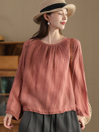 Women Summer Artsy Strap Hem O-Neck Ramie Blouse AS1026