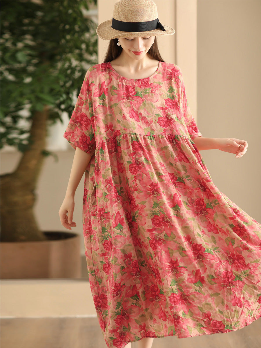 Robe ample en lin à fleurs vintage pour femme FD043