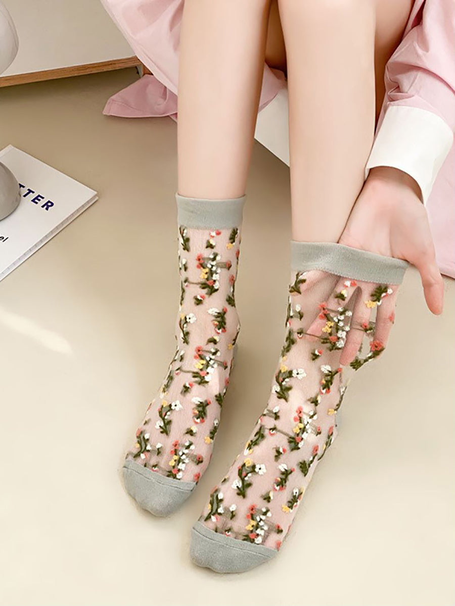 5 Paar dünne Damensocken mit Blumen-Jacquardmuster FG1017