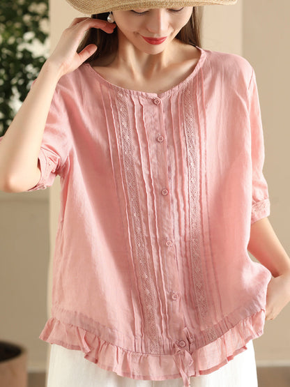 Women Summer Vintage Embroidery Button-up Strap Ramie Shirt FD018