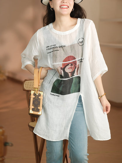 Women Summer Casual Split Hem Print O-Neck Ramie Shirt LL042