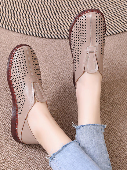 Women Summer Solid Casual Leather Cutout Flat Shoes HH048