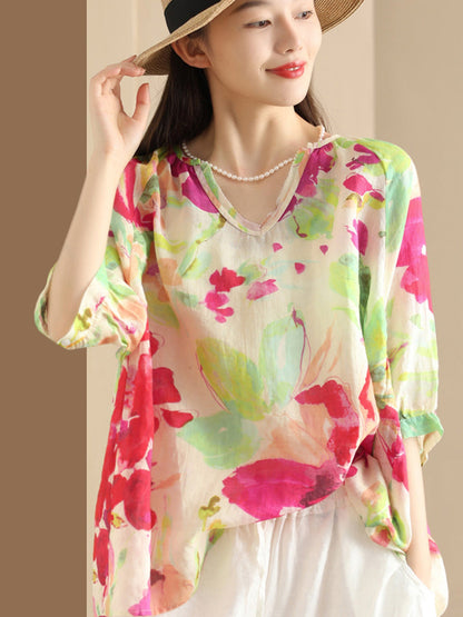 Women Summer Flower V-Neck Ramie Loose Shirt OO1035