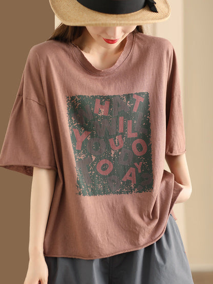 Women Summer Casual Print O-Neck Loose Cotton Shirt BN1020