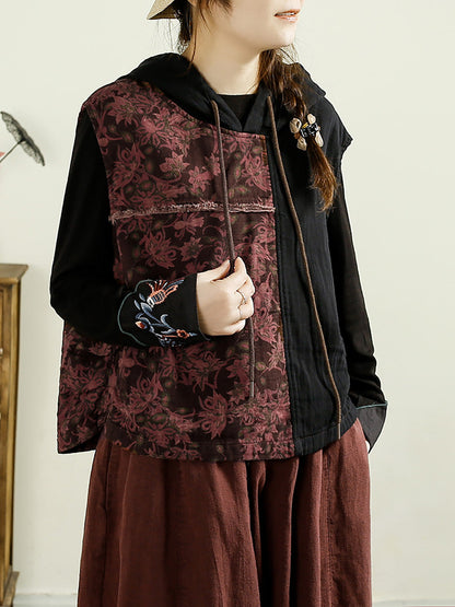 Women Autumn Vintage Flower Spliced Hooded Cotton Vest AI1037