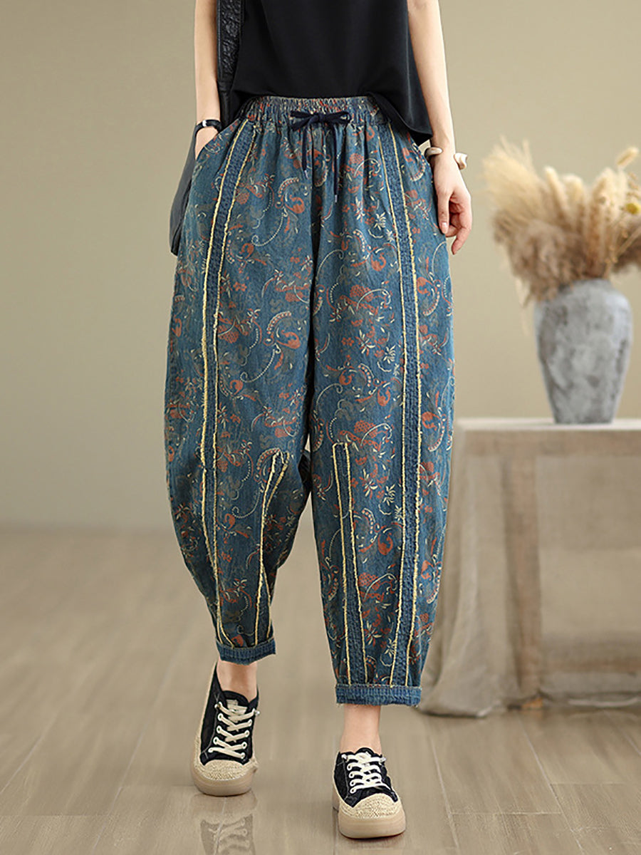 Denim Patchwork Hosen Harem Frauen Retro Blume 