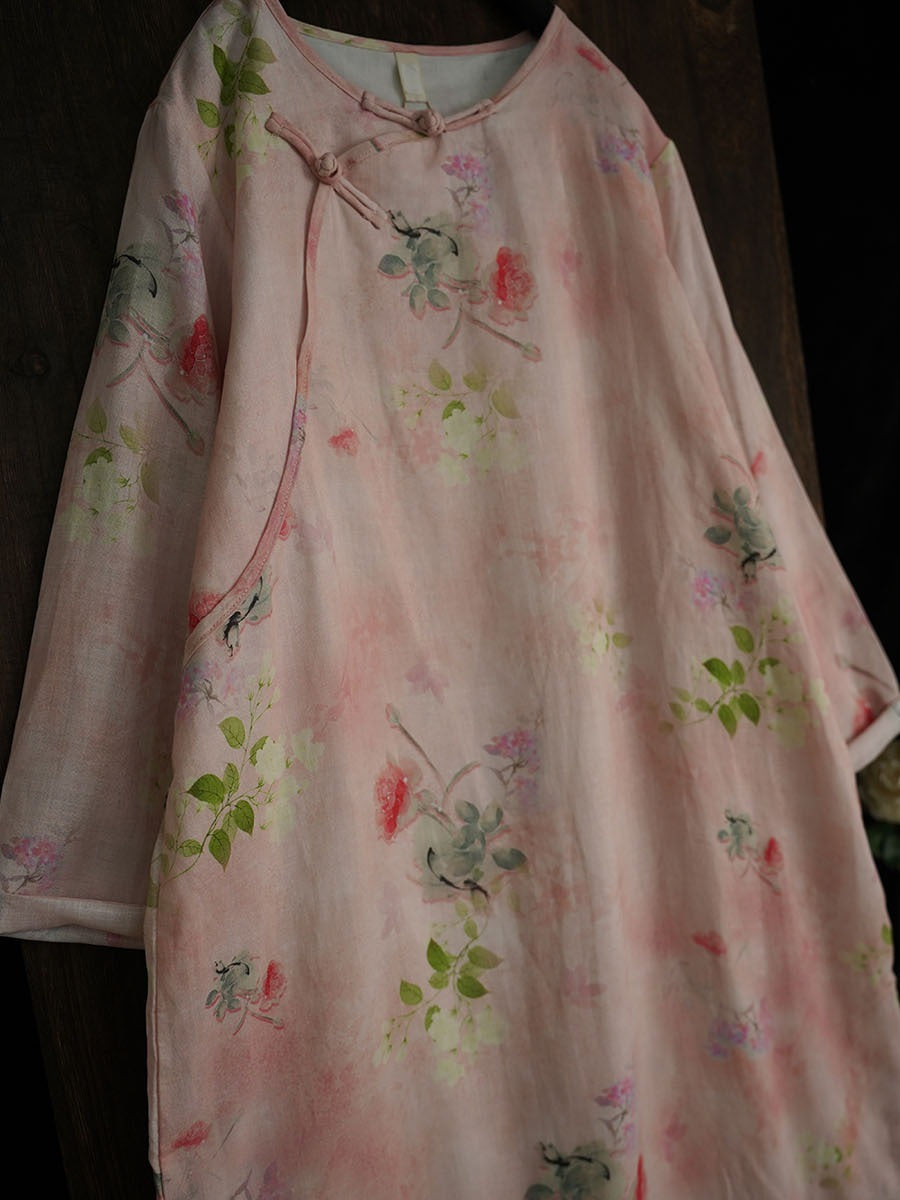 Robe d'été à imprimé floral artistique en ramie à double épaisseur pour femme PA1014