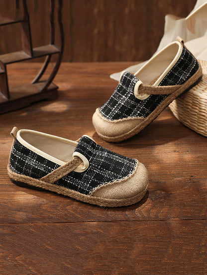 Women Artsy Summer Plaid Linen Spliced Flat Shoes RR007