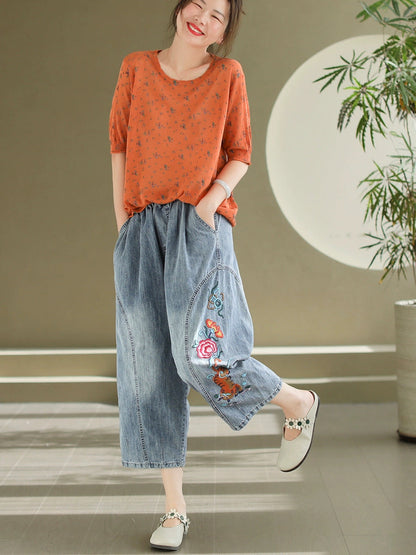 Women Artsy Flower Embroidery Denim Harem Pants AS1006