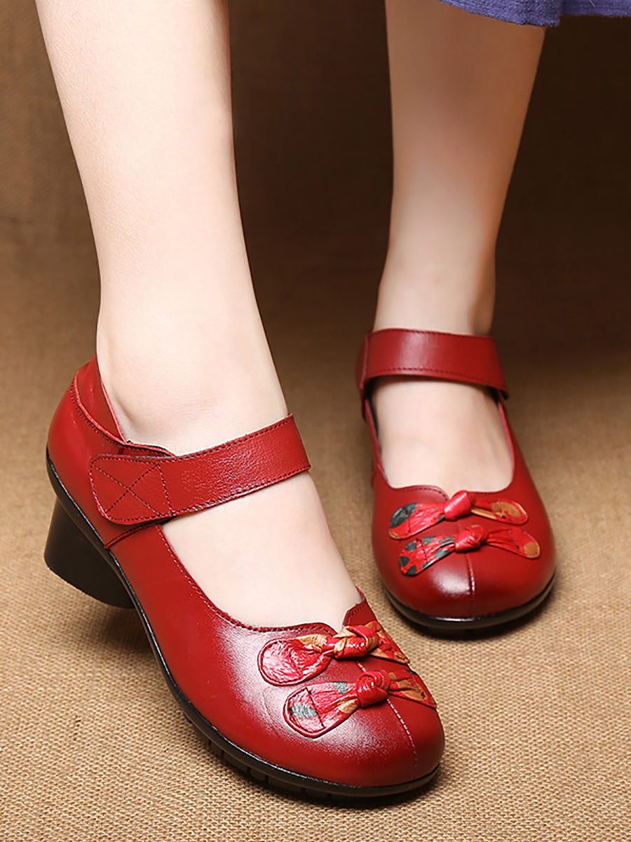 Women Summer Vintage Leather Spliced Mid-Heel Shoes II1014