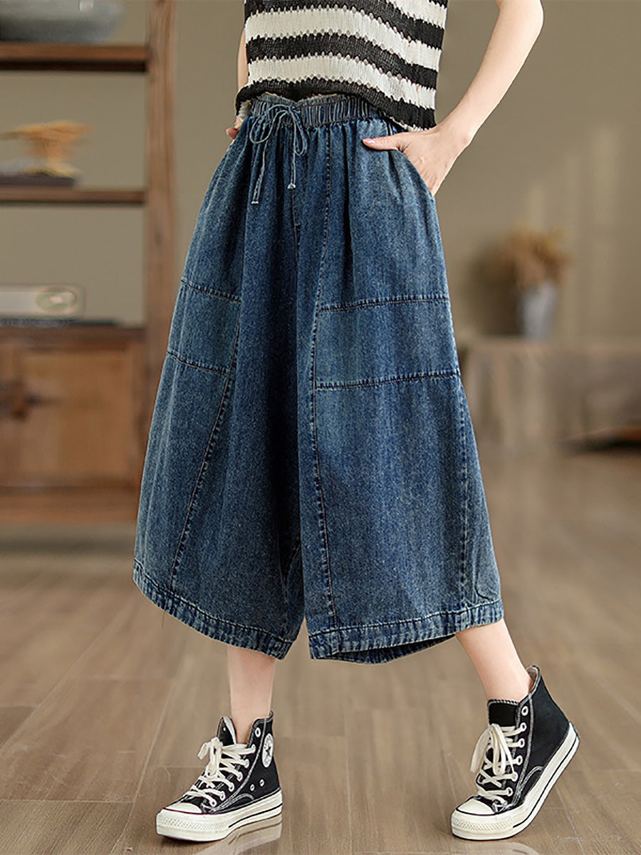 Women Summer Casual Solid Denim Spliced Wide-leg Pants PP1002