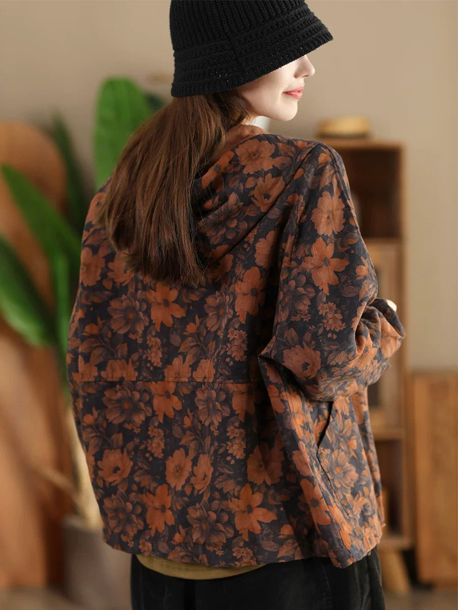 Women Vintage Autumn Flower Button Cotton Linen Hooded Coat AH1013