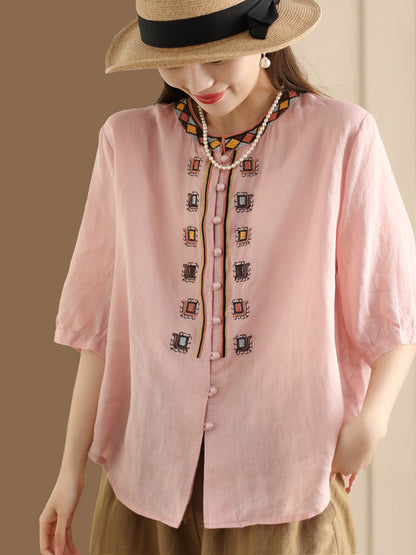 Women Summer Ethnic Embroidery Ramie Shirt ZZ1053