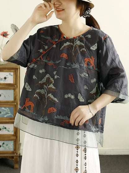 Women Vintage Summer Embroidery Ramie O-Neck Shirt OO1007