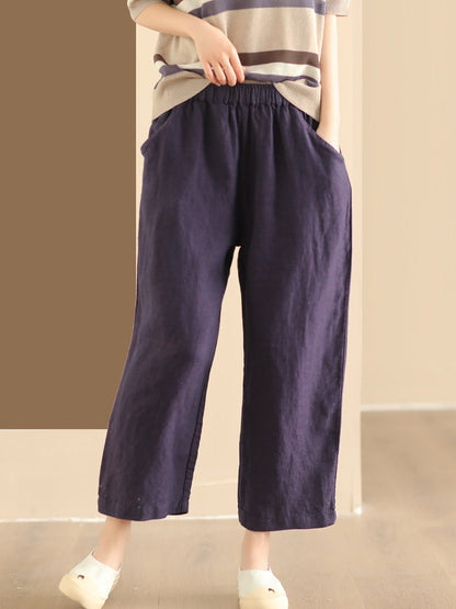 Women Summer Vintage Solid Linen Wide-leg Pants AA1017