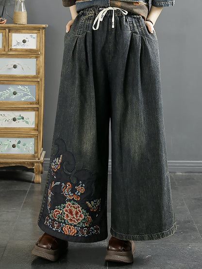 Women Summer Vintage Embroidery Denim Wide-leg Pants AA1039