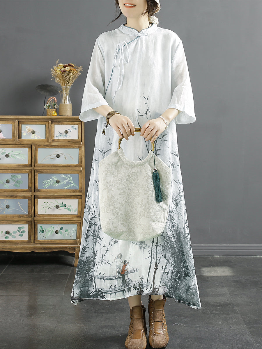 Plus Size Women Summer Bamboo Print Ramie Dress SC1029