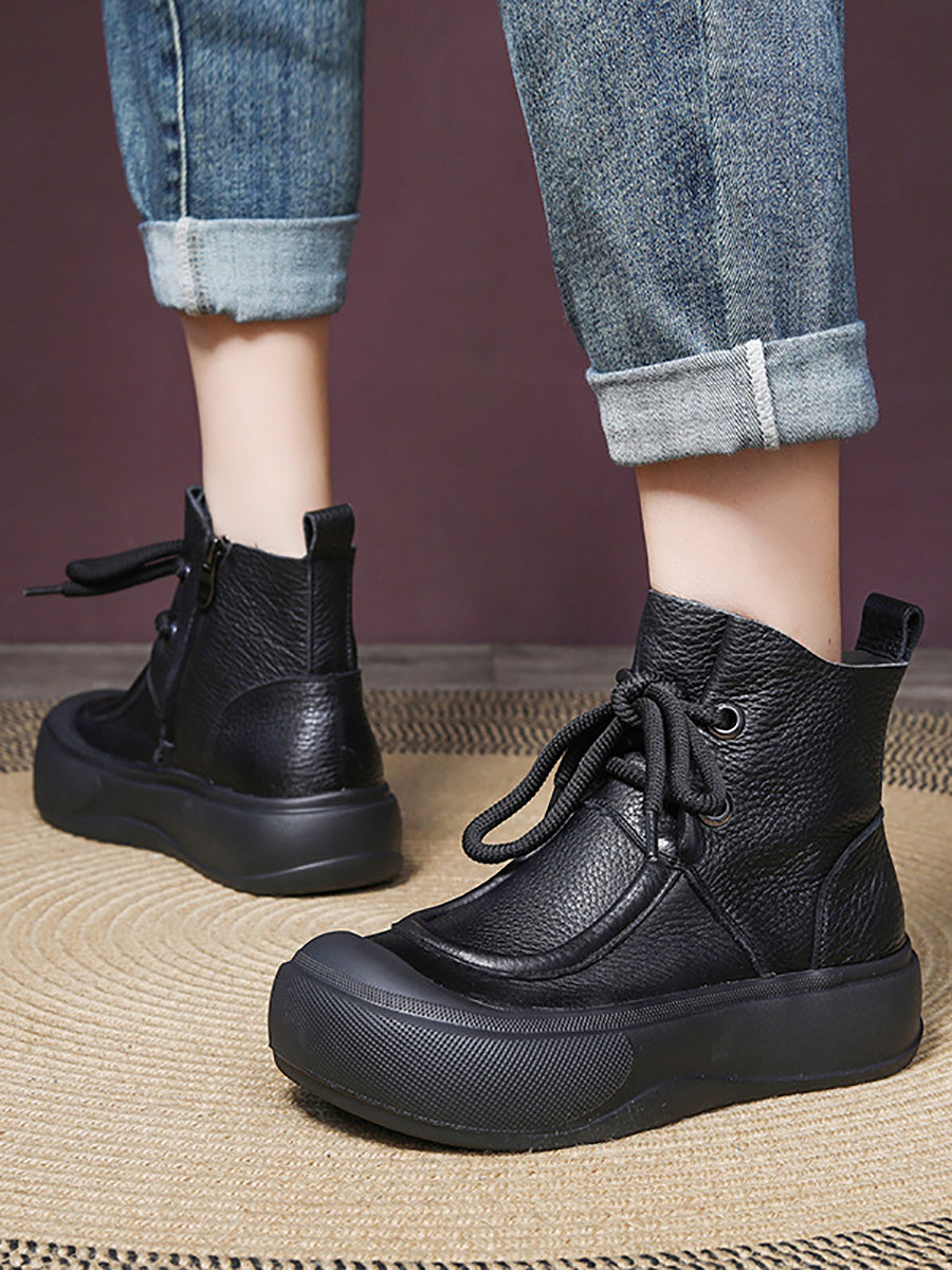 Women Casual Winter Solid Leather Strap Platform Boots WG009