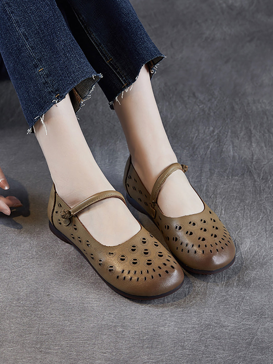 Genuine Shoes Women Summer Hollow Out Heel Low Leather