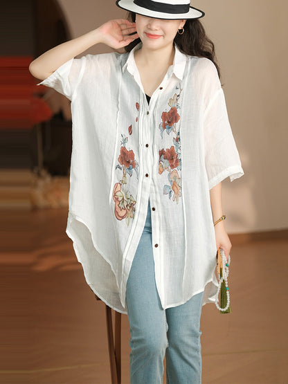 Women Summer Artsy Flower Shirred Button-up Ramie Shirt LL041