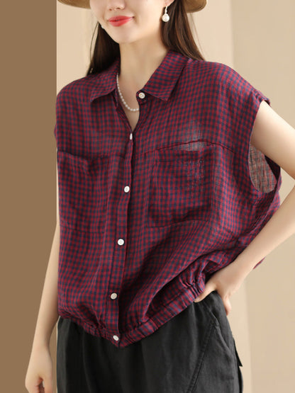 Women Summer Casual Plaid Button-up Linen Shirt HH013