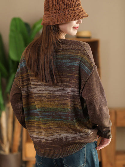 Women Autumn Artsy Colorful Knit V-Neck Cardigan Sweater AI1077