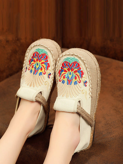 Women Summer Ethnic Embroidery Cloth Linen Flat Shoes AH1011