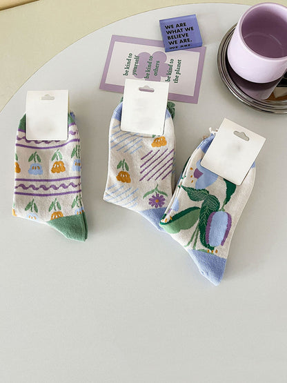 5 Pairs Women Artsy Flower Cotton Socks IO1012