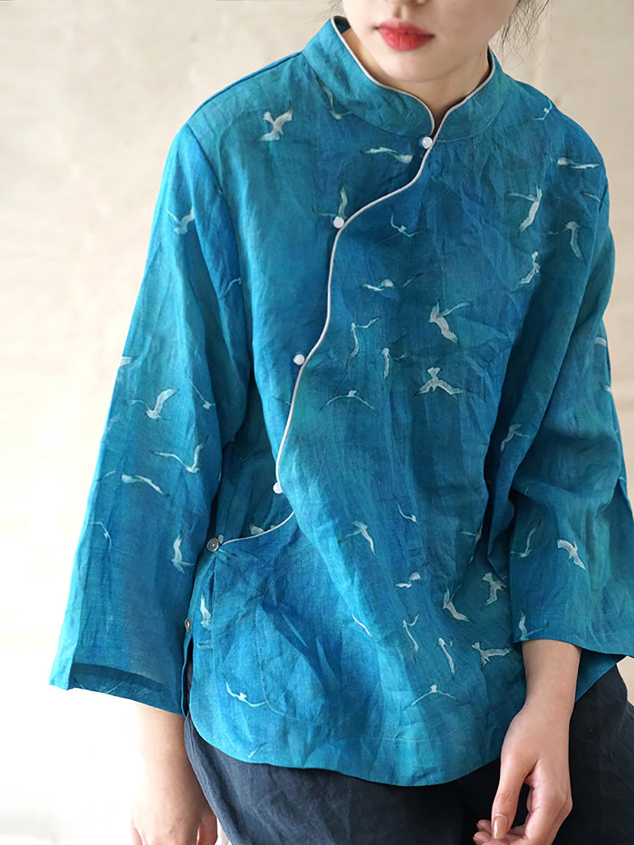 Women Ethnic Crane Spring Linen Shirt QW1004