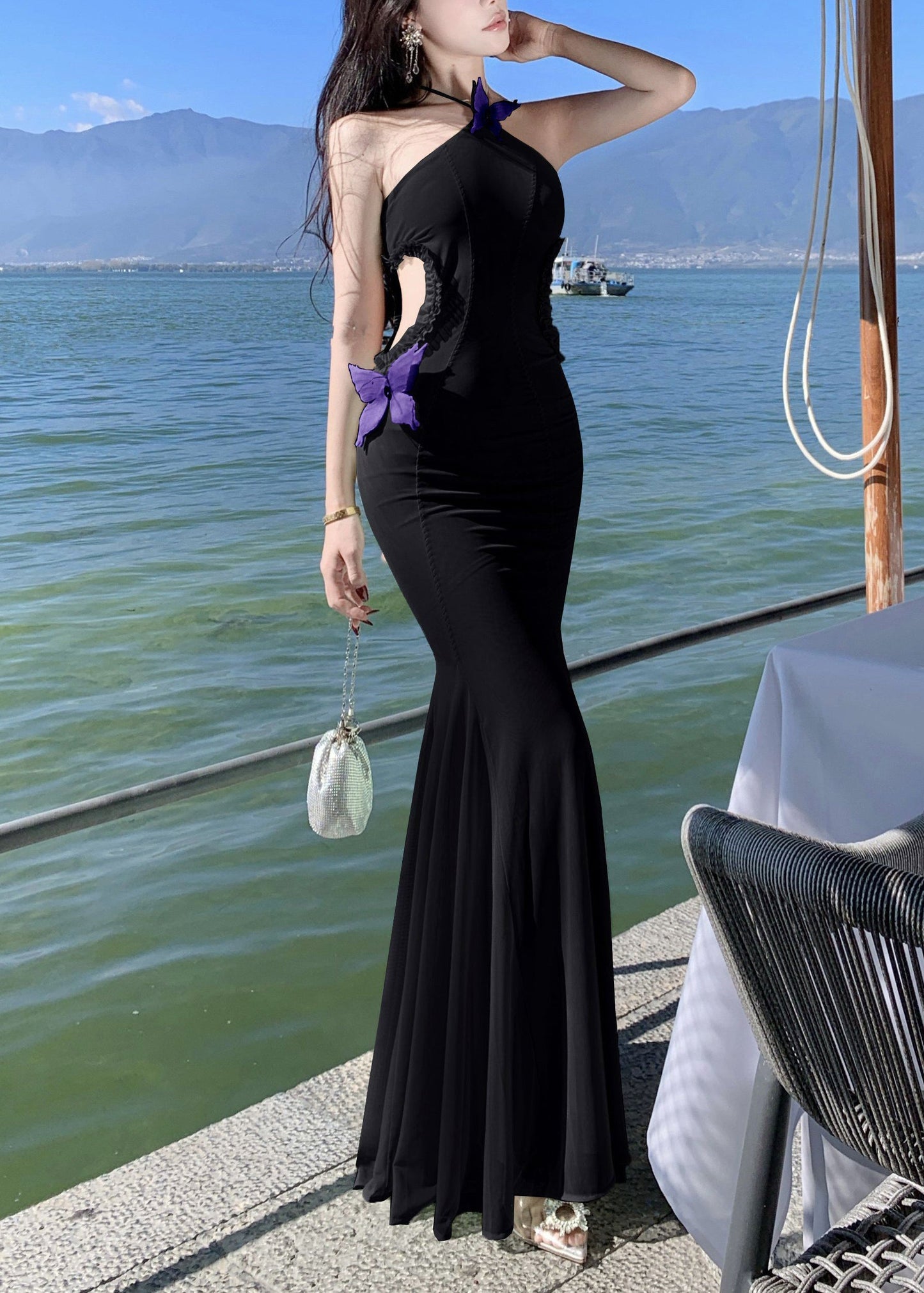 Robes longues sans manches à volants en tulle ajouré papillon noir 